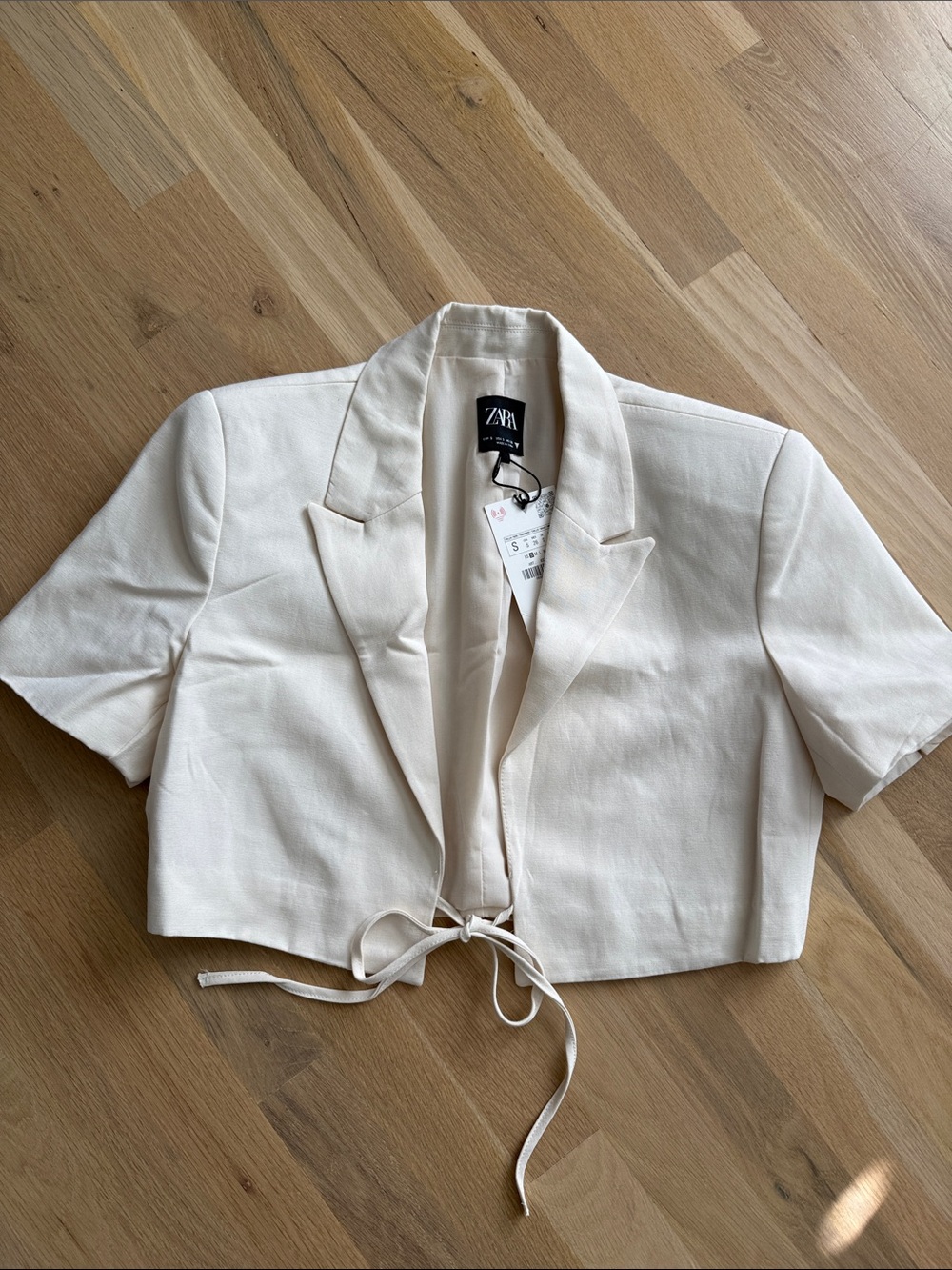 ZARA Cream Cropped Tie-Front Blazer Tee